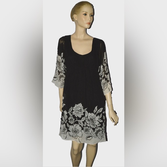 DONNA MORGAN SZ 8 M MEDIUM 100% SILK BLACK WHITE FLORAL HIGH WAIST DRESS - Picture 1 of 10